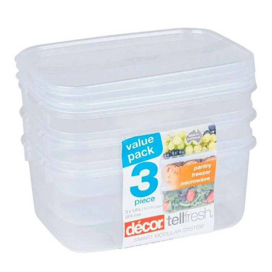 Kitchen & Dining * | Decor Decor Tellfresh 3-Piece Plastic Oblong Food Storage Container Set 1L