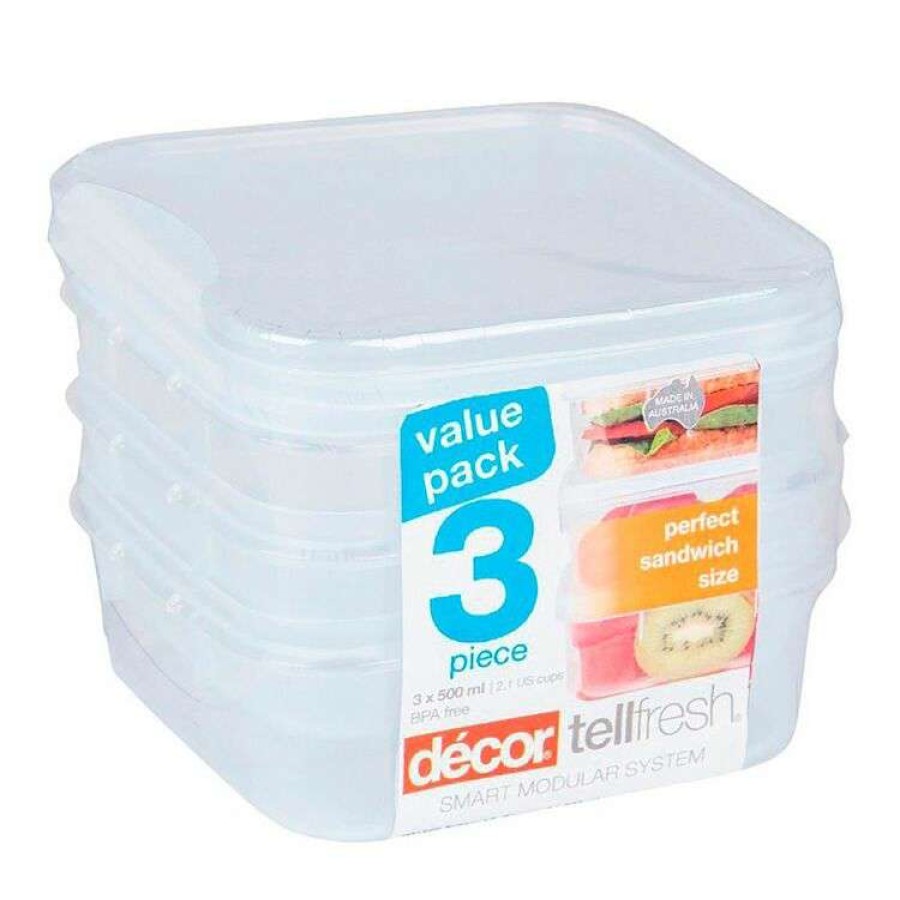 Kitchen & Dining * | Decor Decor Tellfresh 3-Piece Plastic Square Food Storage Container Set 500Ml