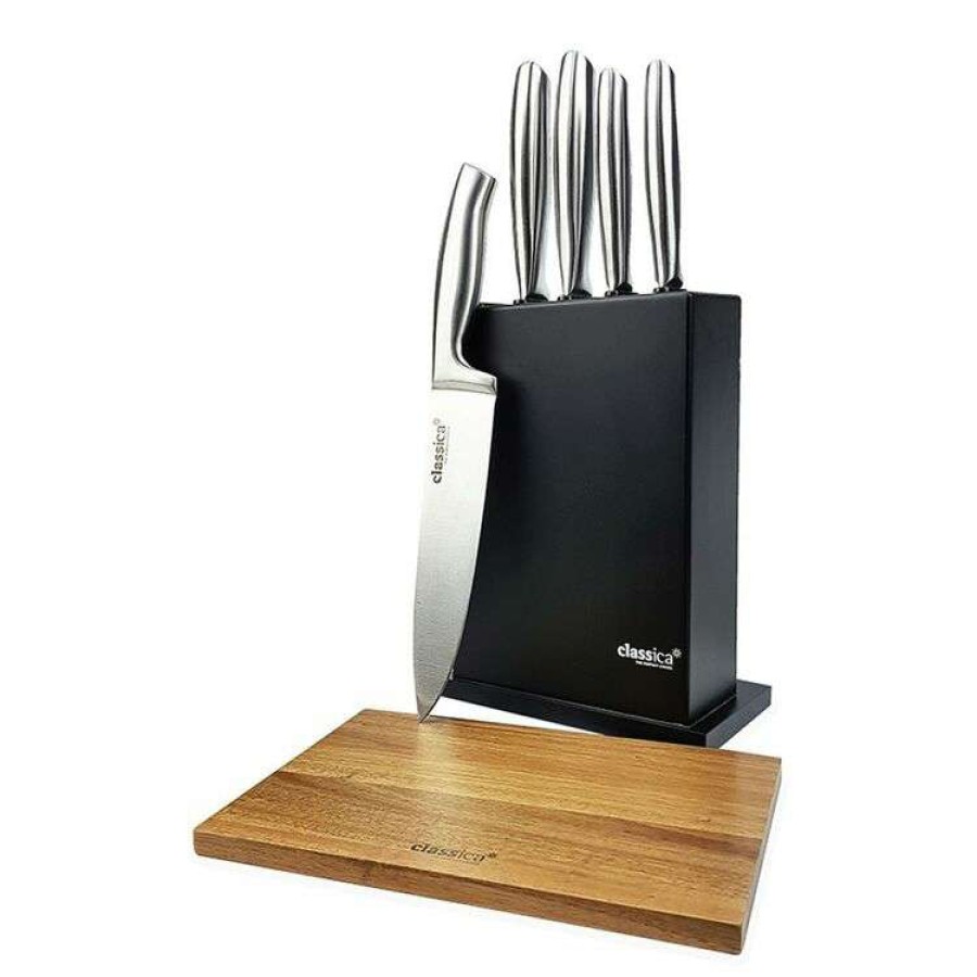 Kitchen & Dining * | Classica 6-Piece Black Knife Block Set With Acacia Chopping Board